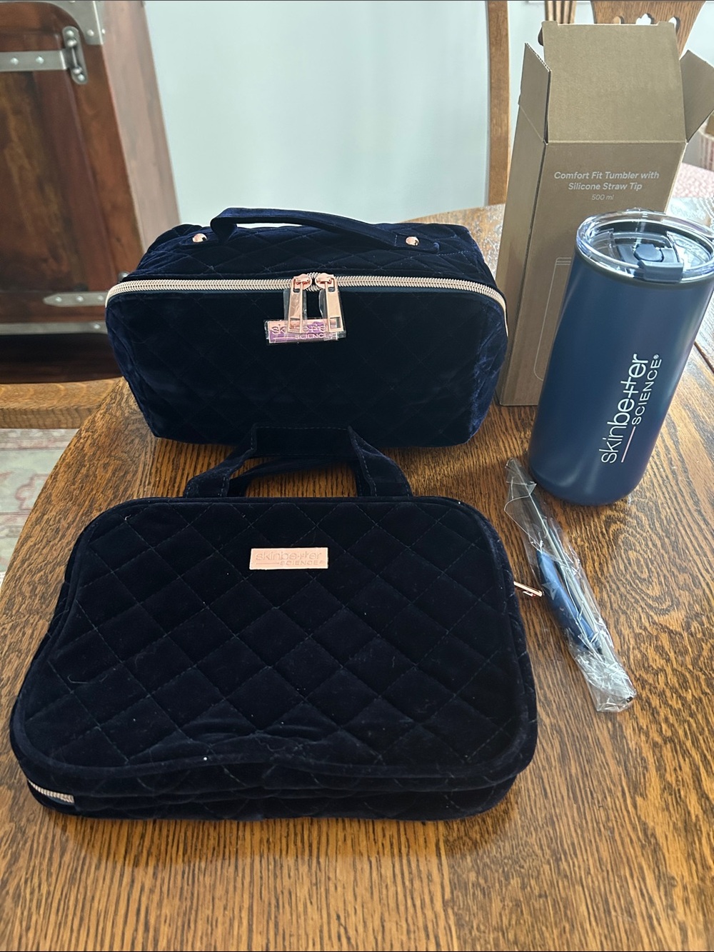 Quilted Velvet Cosmetic Bag Set in Navy with Rose Gold Accents